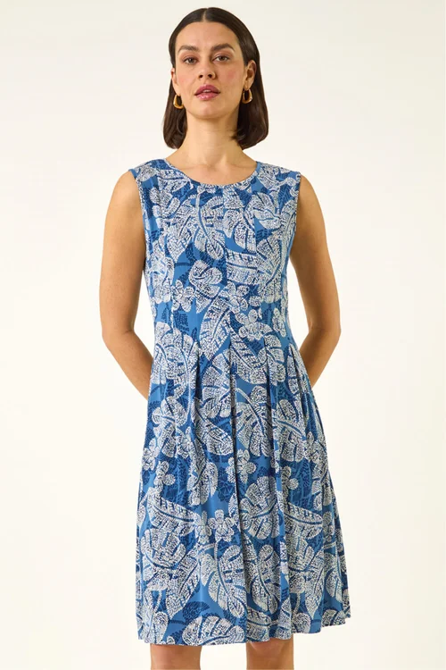 Roman Navy Leaf Print Panel Dress - Size 18 Image 2