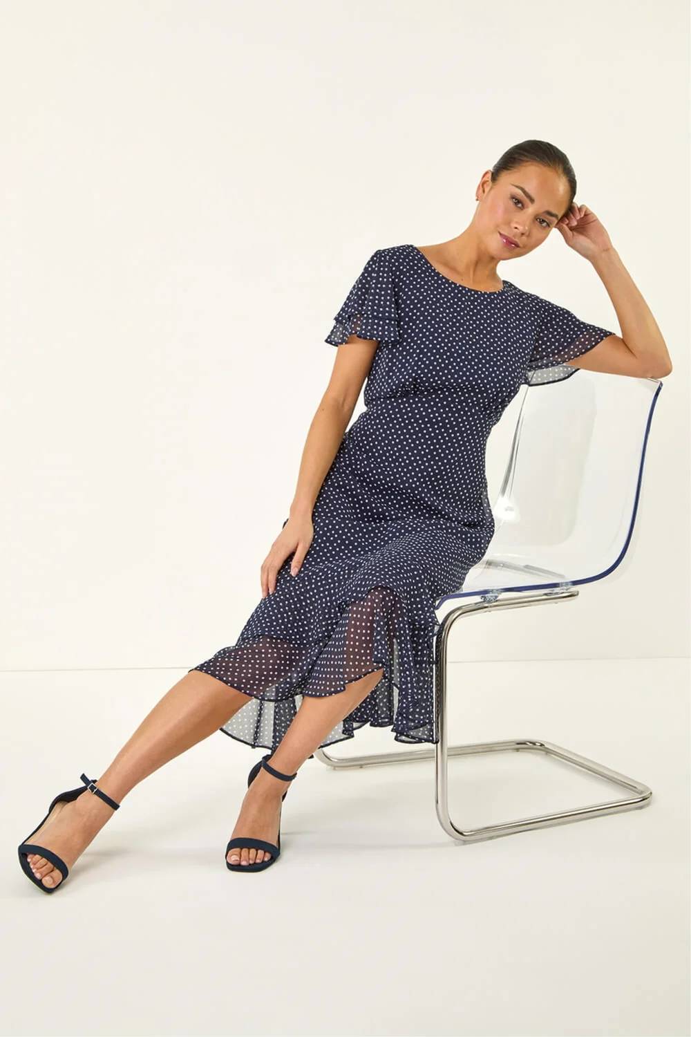 Roman Navy Petite Spot Frill Hem Dress - 12 Image 1