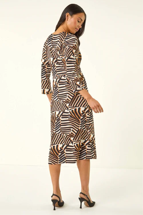 Roman Black Petite Abstract Print Knot Front Dress - 10 Image 3