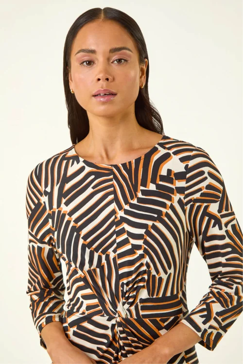 Roman Black Petite Abstract Print Knot Front Dress - 10 Image 4