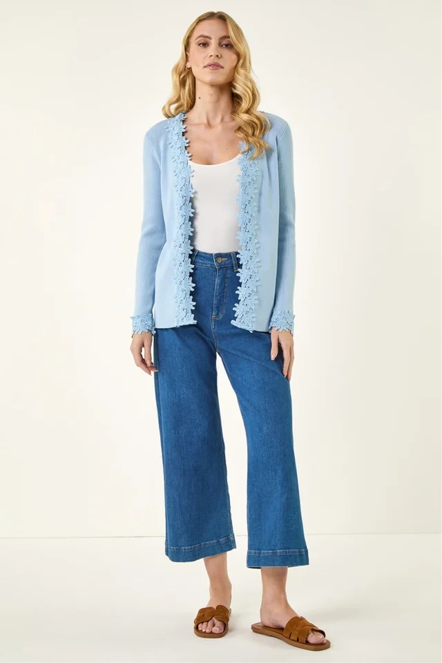 Roman Light Blue Lace Trim Knit Cardigan
