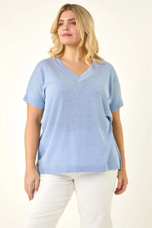 Roman Light Blue Curve Shimmer Hotfix Knit Top - Size 26-28 Image 4