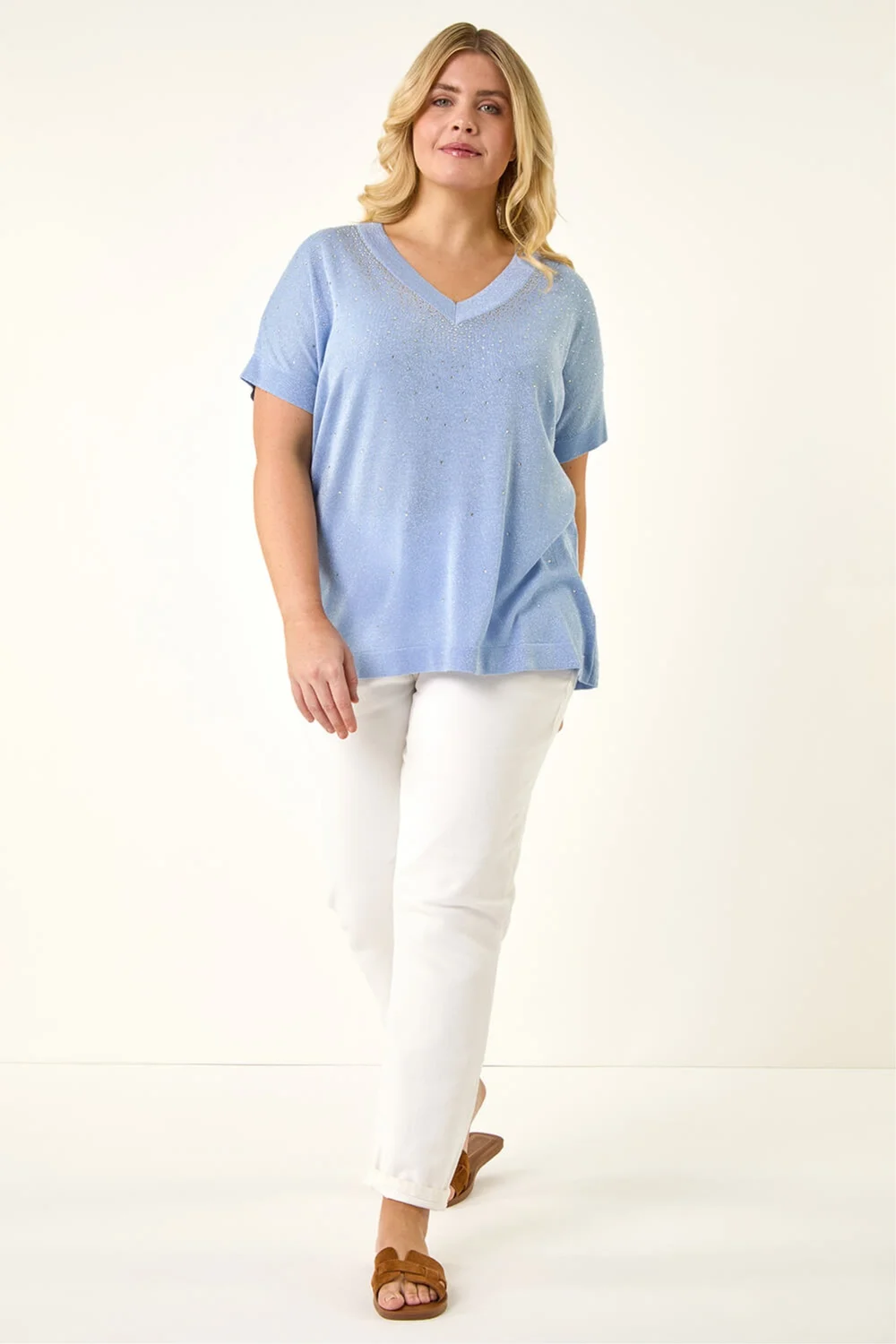 Roman Light Blue Curve Shimmer Hotfix Knit Top - Size 26-28 Image 2