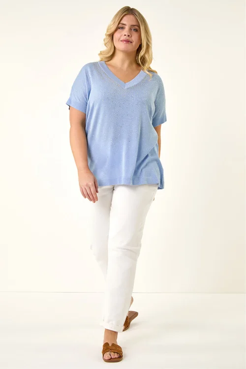 Roman Light Blue Curve Shimmer Hotfix Knit Top - Size 26-28 Image 2