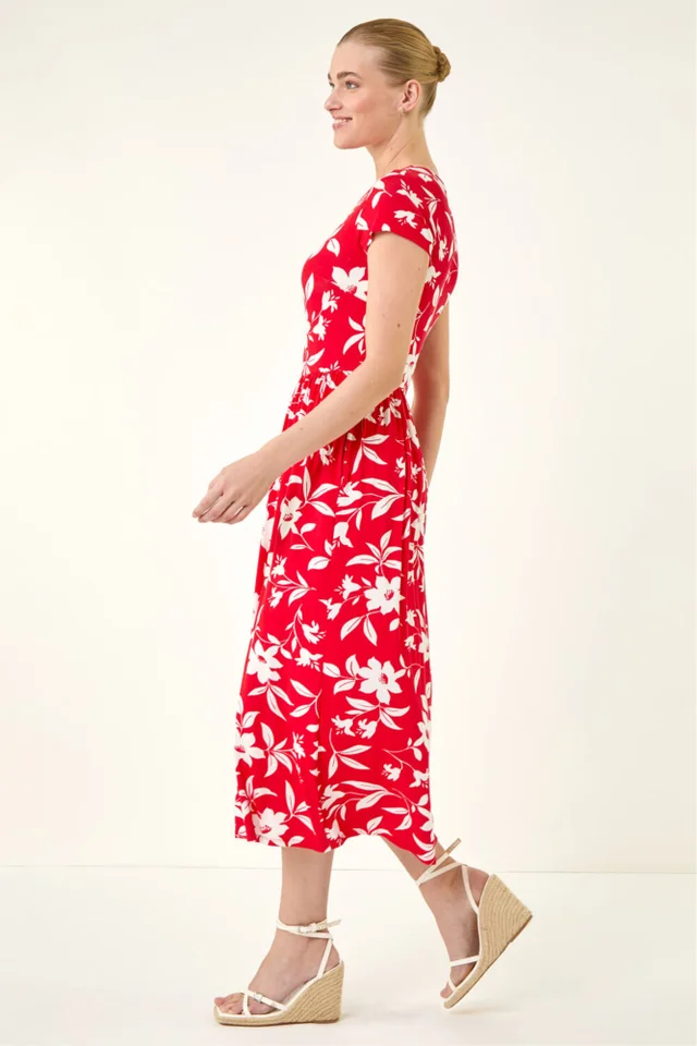 Roman Red Floral Print Pocket Midi Dress