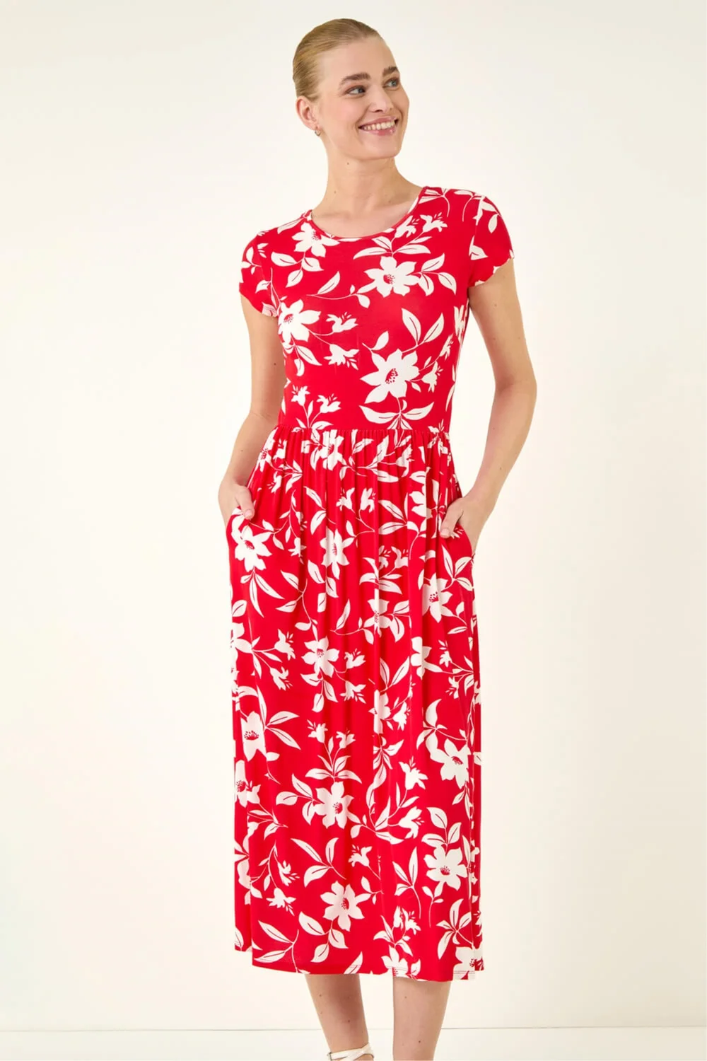 Roman Red Floral Print Pocket Midi Dress - Size 18 Image 2