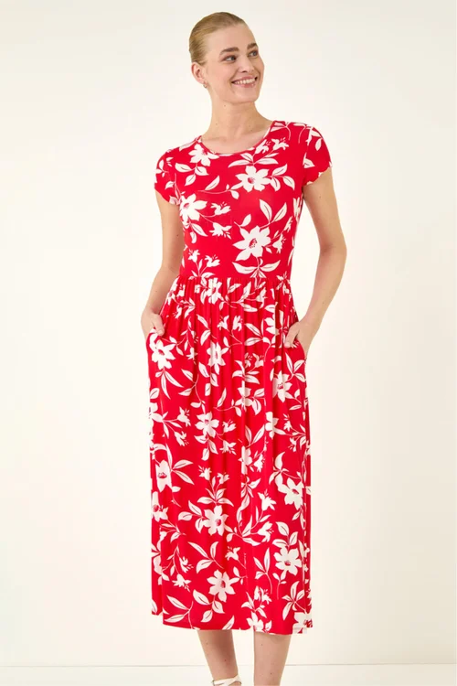 Roman Red Floral Print Pocket Midi Dress - Size 18 Image 2