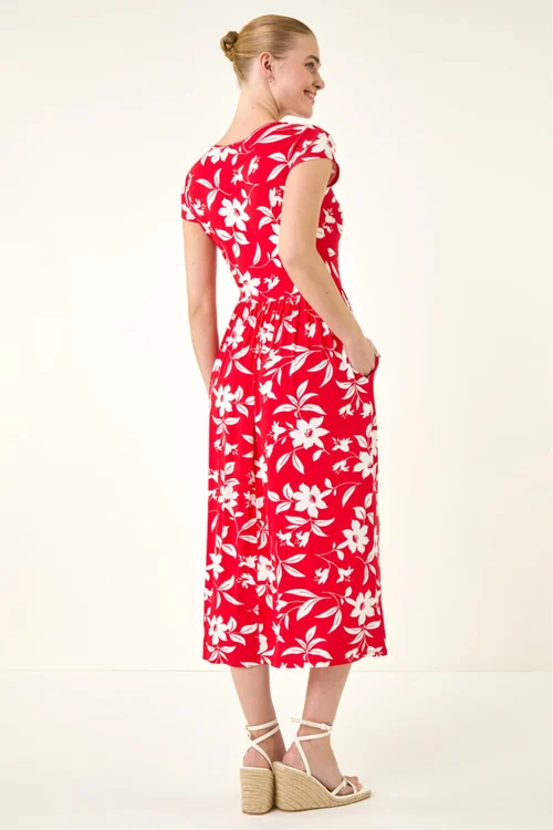 Roman Red Floral Print Pocket Midi Dress - Size 18 Image 3