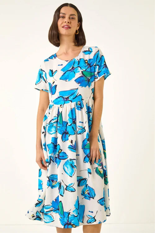 Roman Blue Floral Smock Midi Dress - Size 20 Image 1