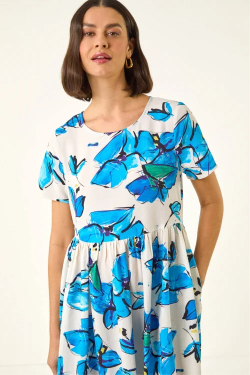 Roman Blue Floral Smock Midi Dress - Size 20 Image 4