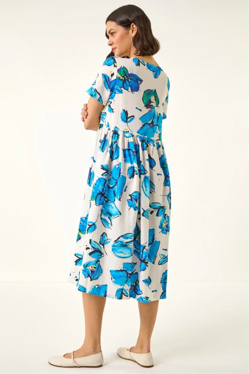Roman Blue Floral Smock Midi Dress - Size 20 Image 3