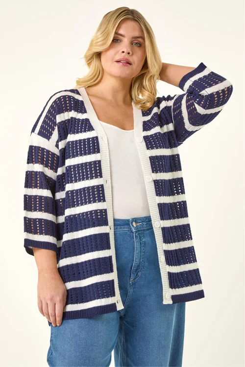 Roman Navy Curve Stripe Crochet Knit Cardigan - Size 16 Image 4