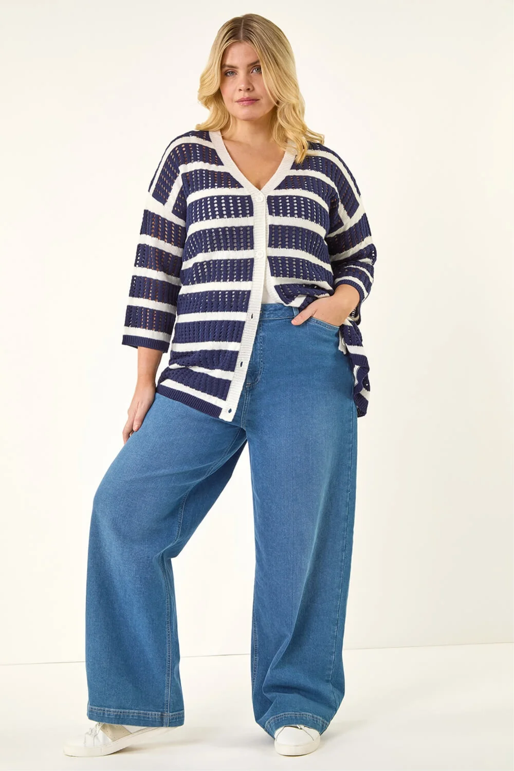 Roman Navy Curve Stripe Crochet Knit Cardigan - Size 16 Image 2