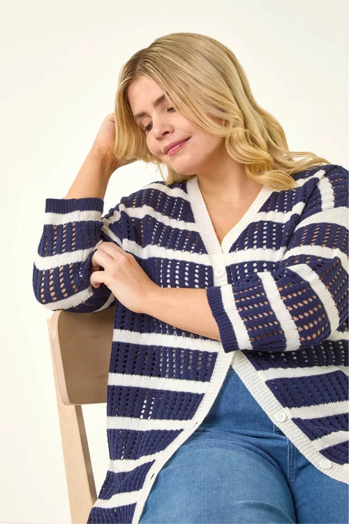Roman Navy Curve Stripe Crochet Knit Cardigan - Size 16 Image 1