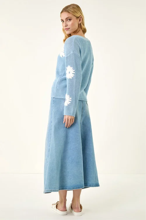 Roman Light Blue Daisy Detail Knit Cardigan - Size 16 Image 4