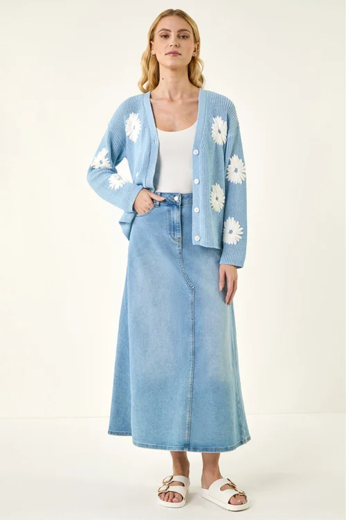 Roman Light Blue Daisy Detail Knit Cardigan - Size 16 Image 3