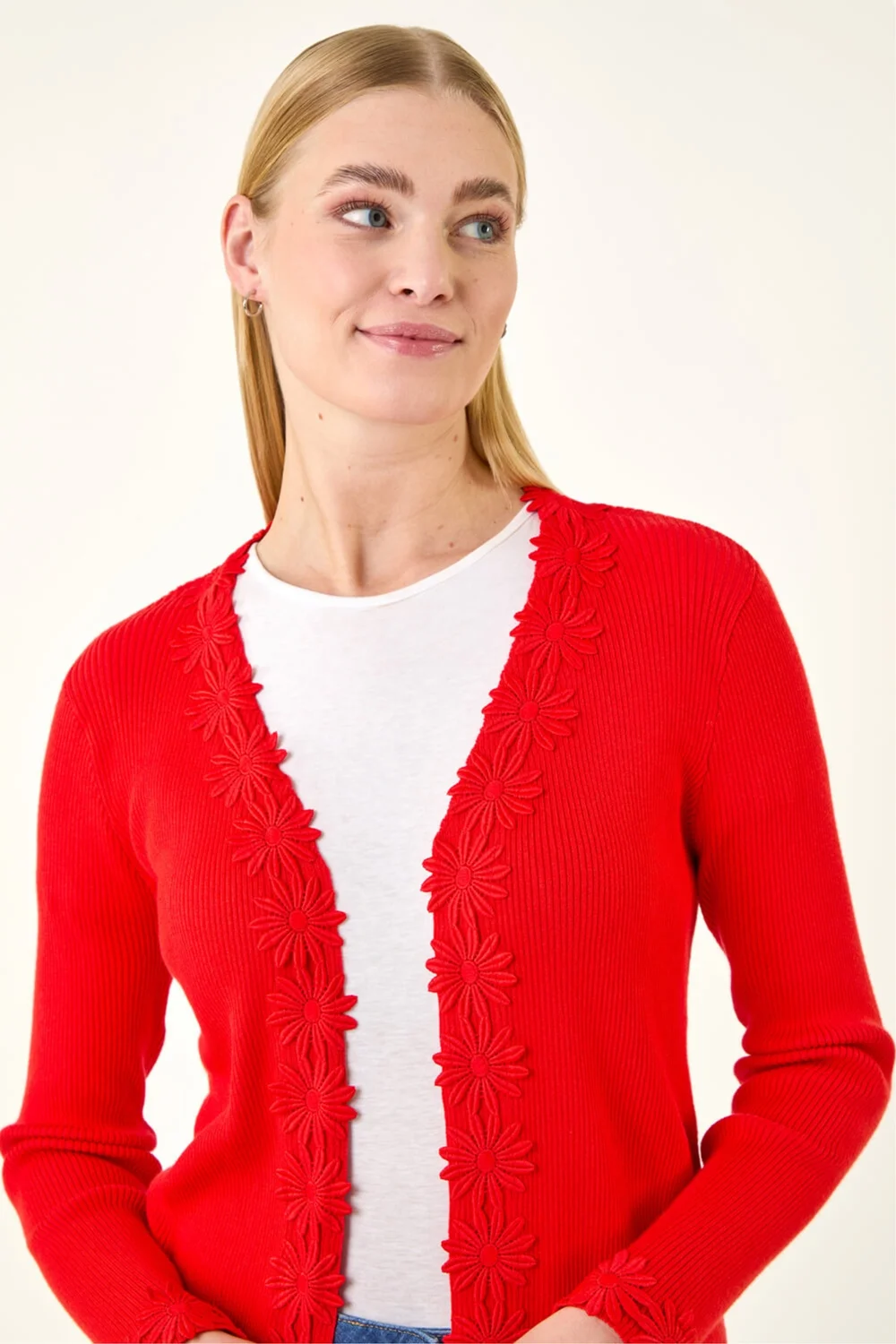 Roman Red Floral Lace Trim Knit Cardigan - Size 20 Image 1