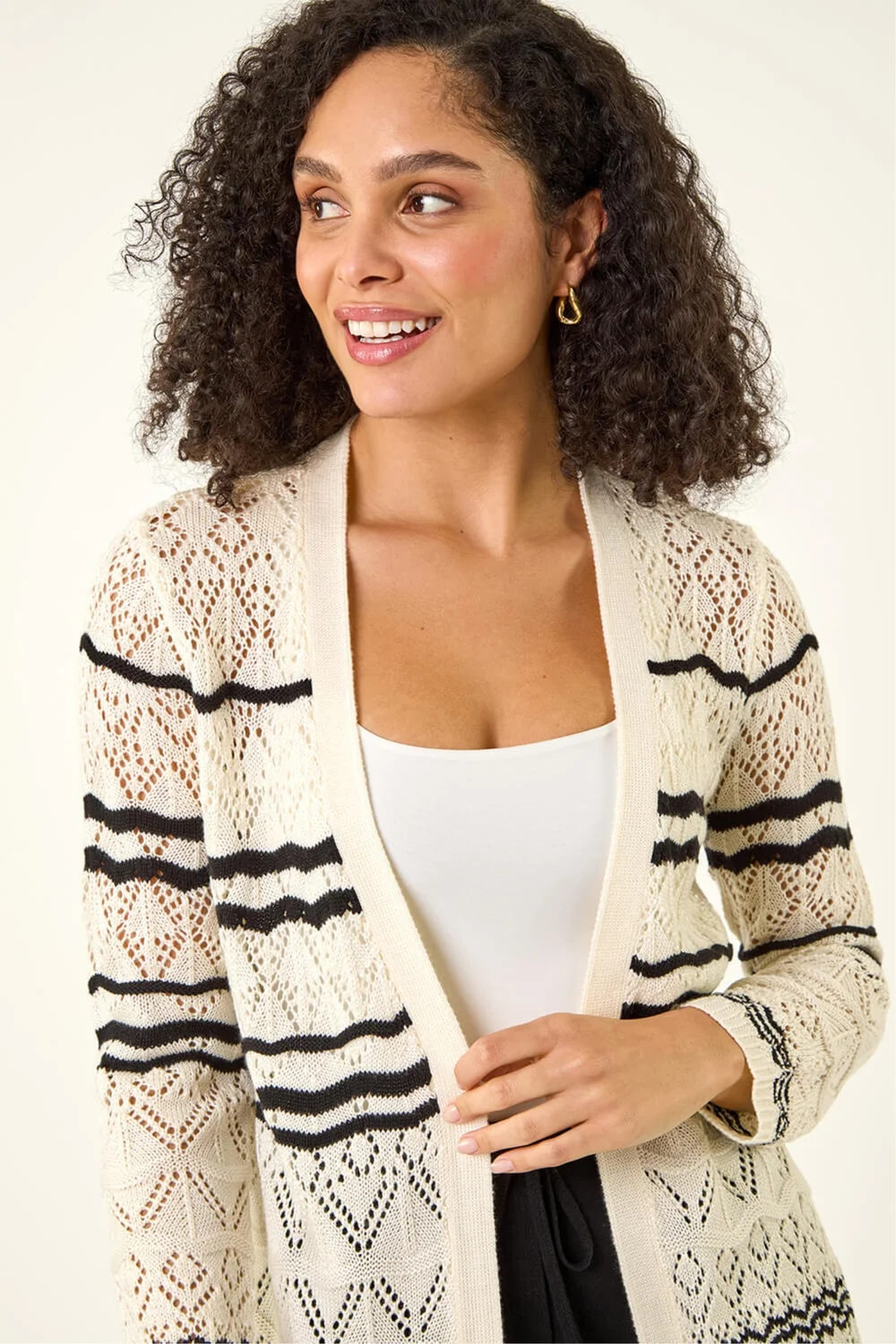 Roman Ivory Wave Stripe Longline Knit Cardigan - 16 Image 4