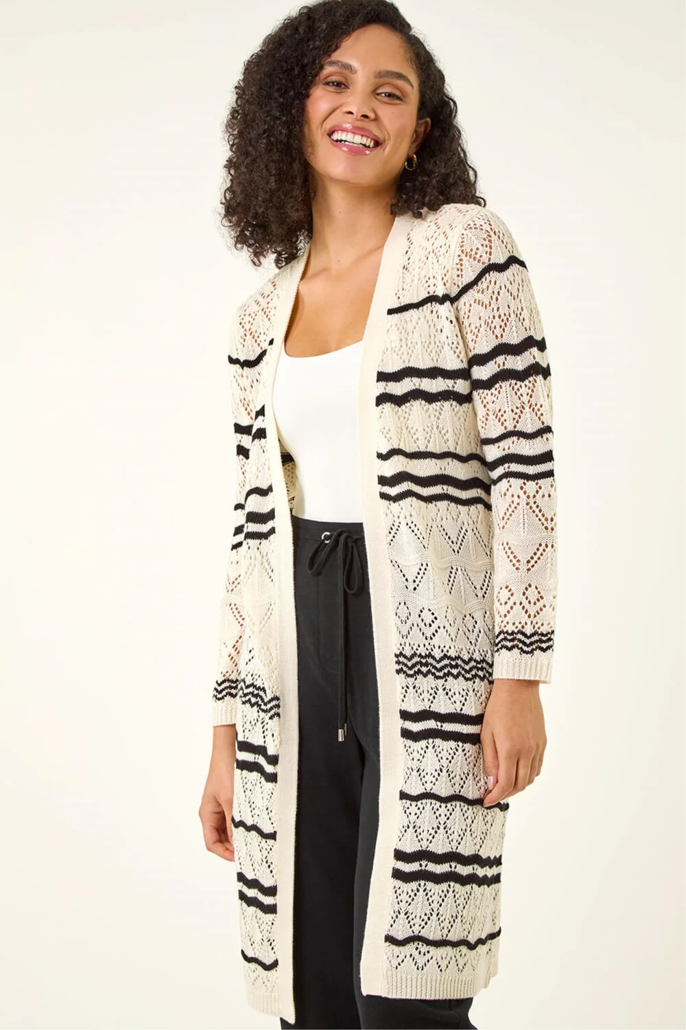 Roman Ivory Wave Stripe Longline Knit Cardigan - 16 Image 1