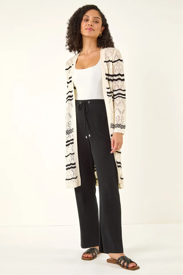 Roman Ivory Wave Stripe Longline Knit Cardigan