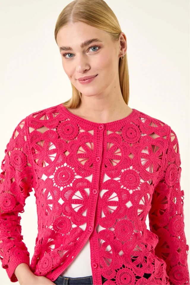 Roman Cerise Crochet Knit Cardigan