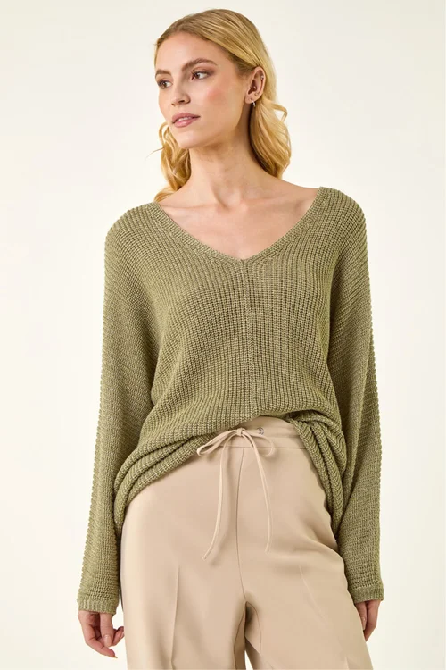 Roman Khaki Textured V-Neck Boyfriend Jumper - 18 Image 1