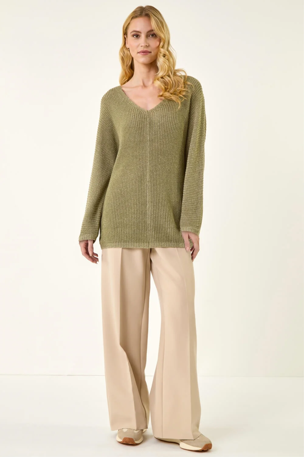Roman Khaki Textured V-Neck Boyfriend Jumper - 18 Image 3