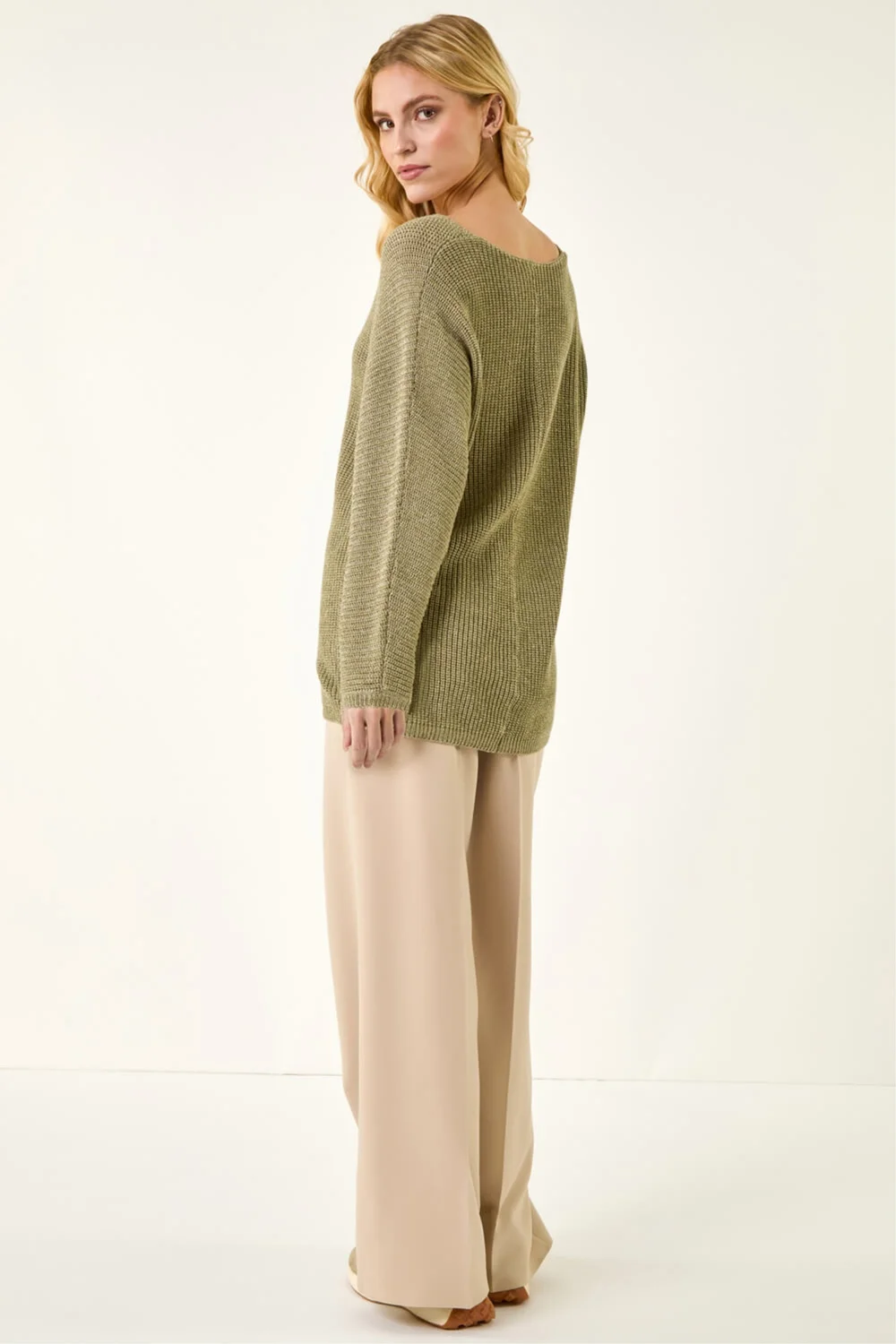 Roman Khaki Textured V-Neck Boyfriend Jumper - 18 Image 4