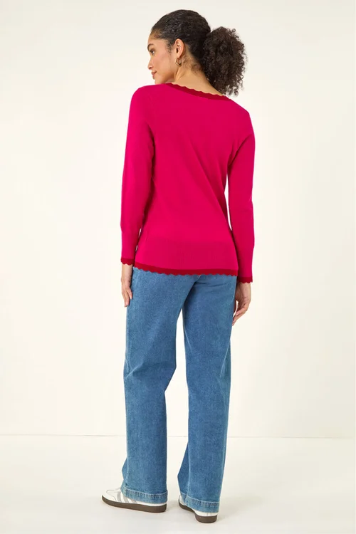 Roman Cerise V-Neck Scallop Hem Knit Jumper - 14 Image 3