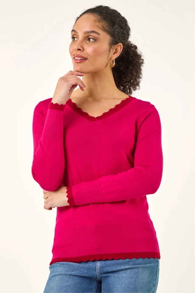 Roman Cerise V-Neck Scallop Hem Knit Jumper