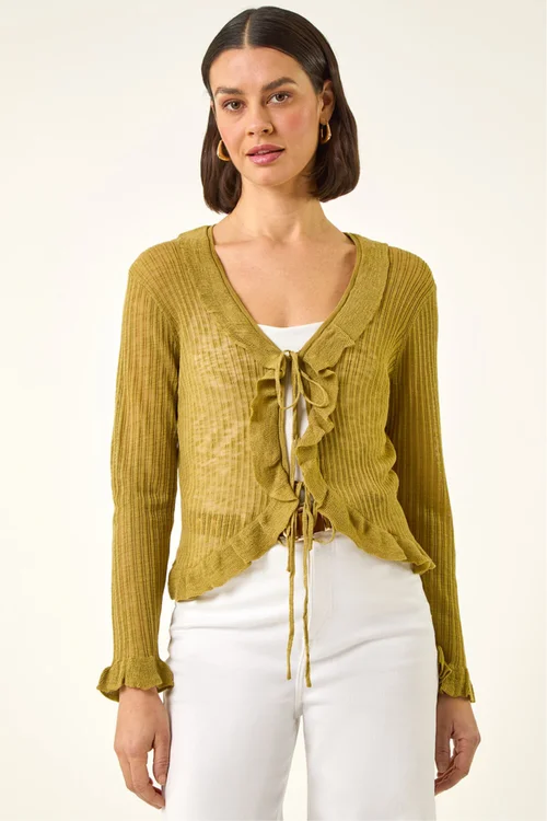 Roman Olive Pointelle Frill Tie Front Top - 14 Image 4