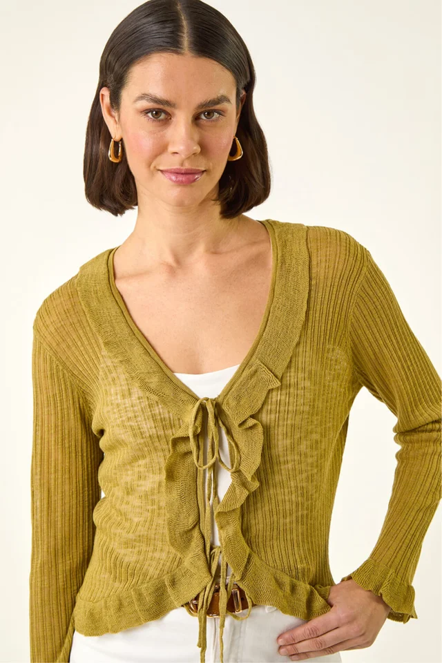 Roman Olive Pointelle Frill Tie Front Top