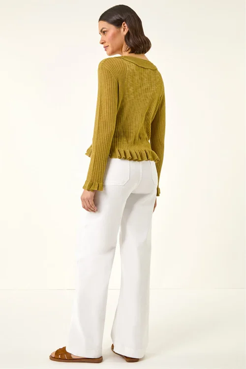 Roman Olive Pointelle Frill Tie Front Top - 14 Image 3