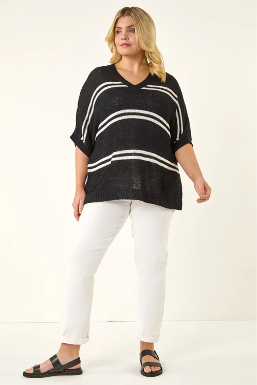 Roman Black Curve Stripe V-Neck Knit Jumper - Size 22-24 Image 2