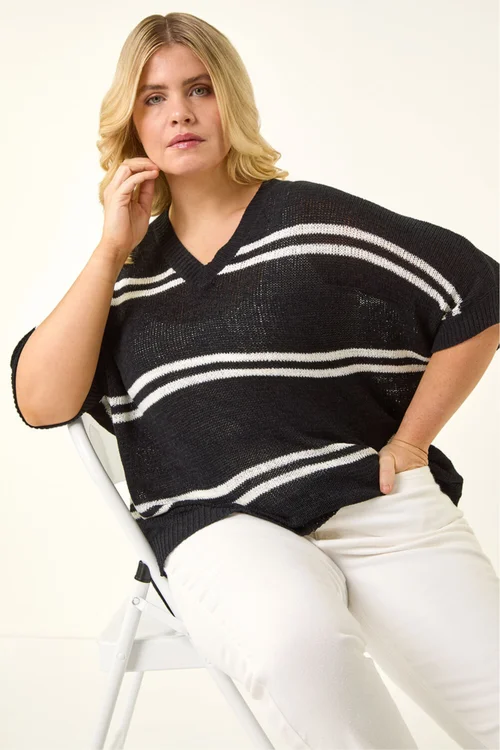 Roman Black Curve Stripe V-Neck Knit Jumper - Size 22-24 Image 1