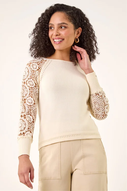 Roman Ivory Crochet Sleeve Knit Jumper - Size 16 Image 4