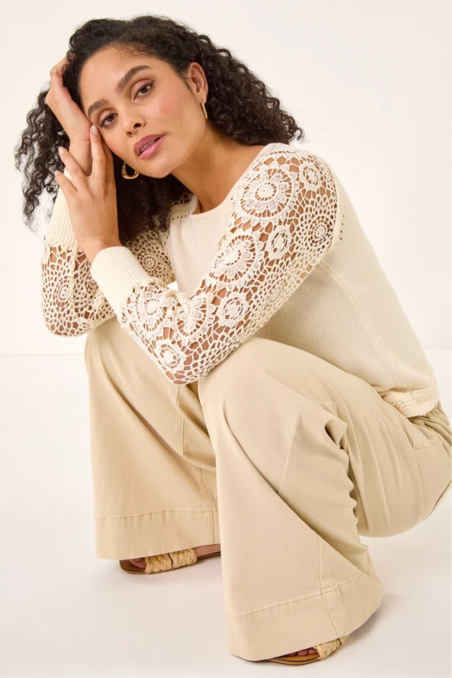 Roman Ivory Crochet Sleeve Knit Jumper