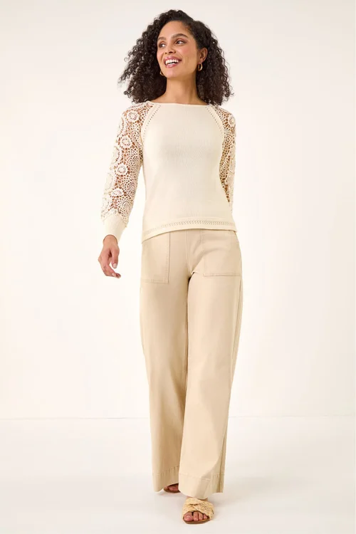 Roman Ivory Crochet Sleeve Knit Jumper - Size 16 Image 2
