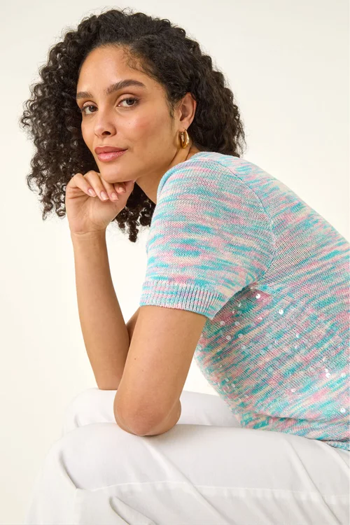 Roman Light Blue Sequin Knitted Top - 14 Image 1