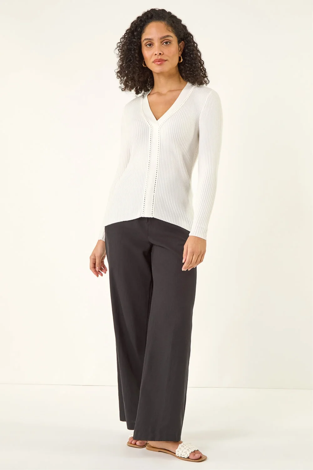 Roman Ivory Ribbed V-Neck Cable Knit Jumper - Size 16 Image 2