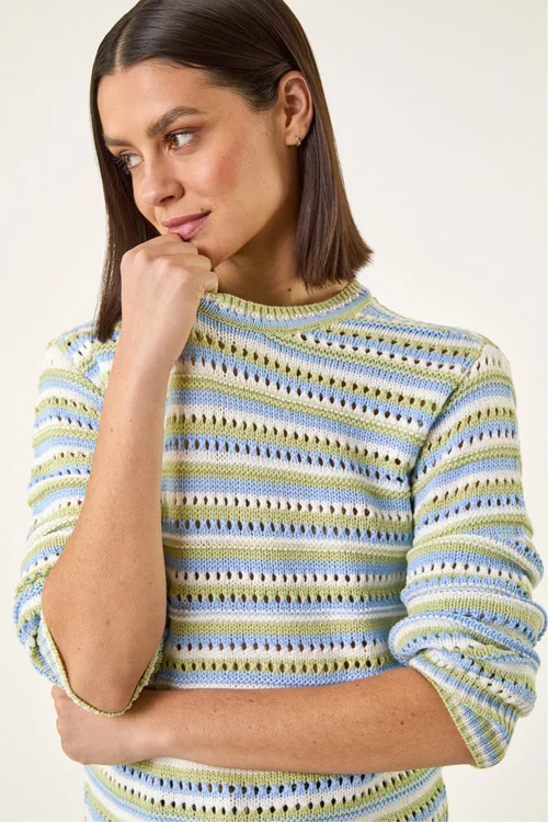 Roman Green Stripe Pointelle Crew Neck Knit - Size 20 Image 1