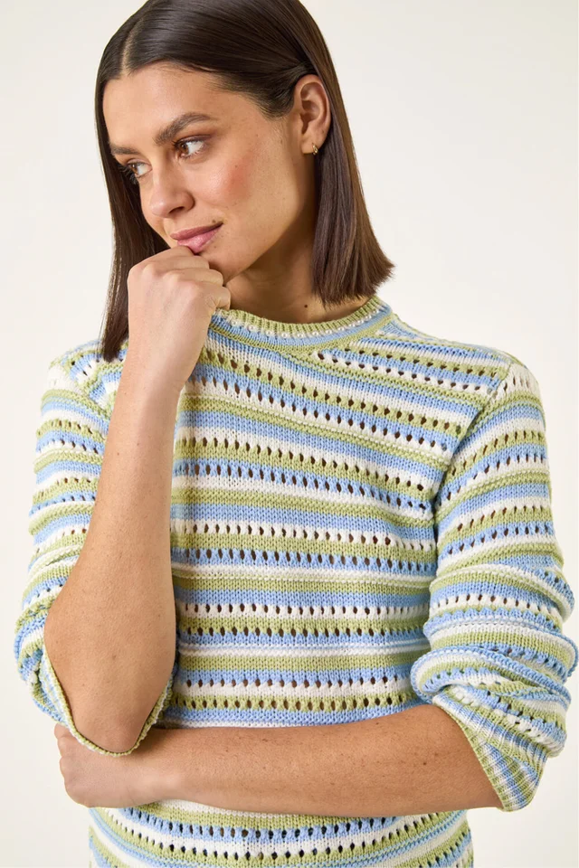 Roman Green Stripe Pointelle Crew Neck Knit