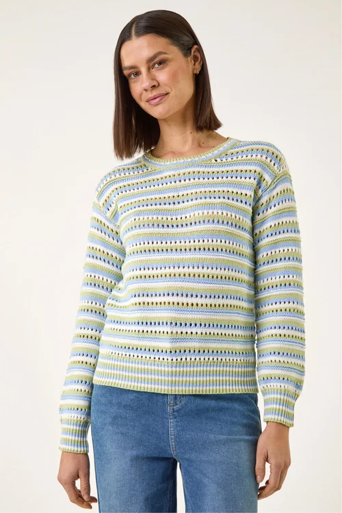 Roman Green Stripe Pointelle Crew Neck Knit - Size 20 Image 4