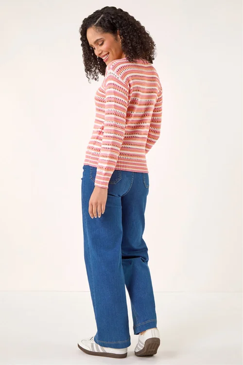 Roman Orange Stripe Pointelle Crew Neck Knit - 14 Image 3