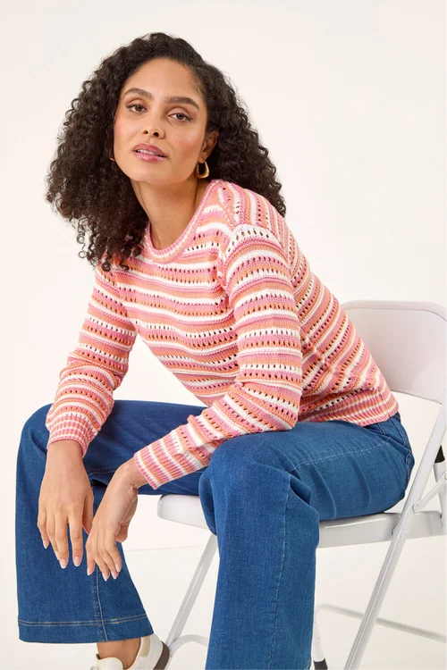 Roman Orange Stripe Pointelle Crew Neck Knit - 14 Image 1
