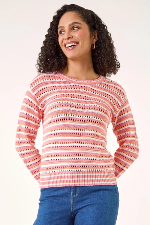 Roman Orange Stripe Pointelle Crew Neck Knit - 14 Image 4