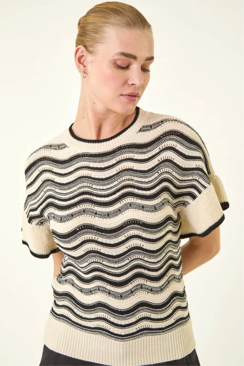 Roman Ivory Stripe Wave Frill Knit Top - Size 20 Image 1