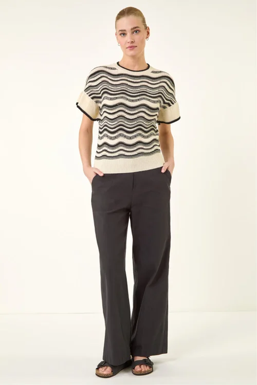 Roman Ivory Stripe Wave Frill Knit Top - Size 20 Image 3