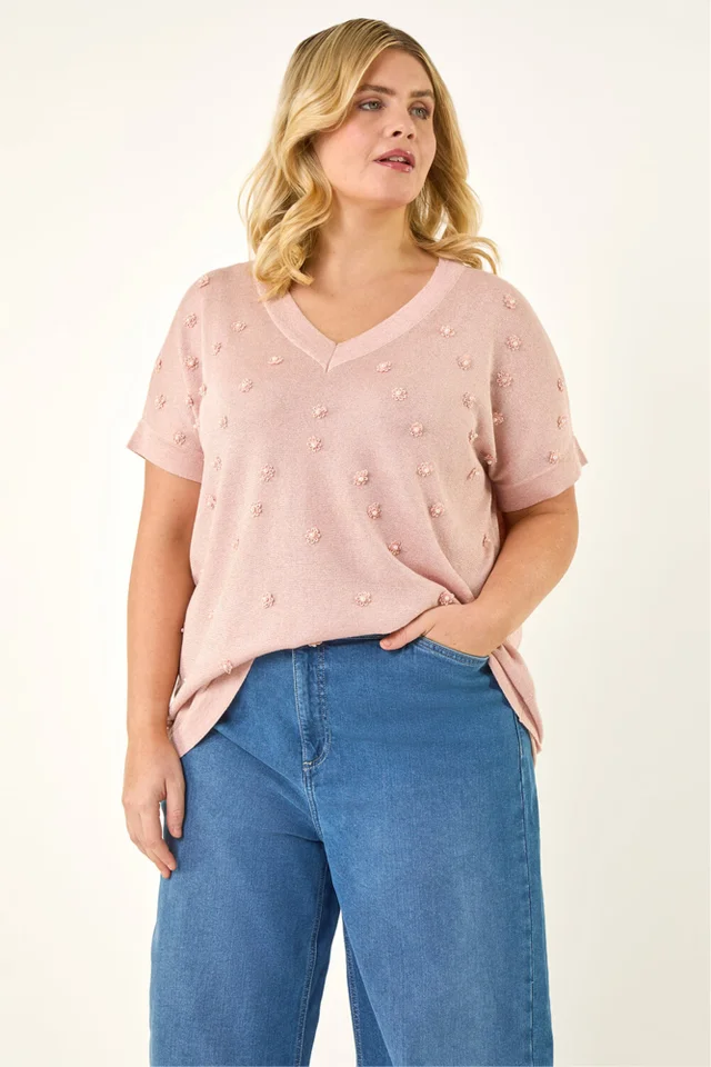 Roman Pink Curve Faux Pearl Embellished Top