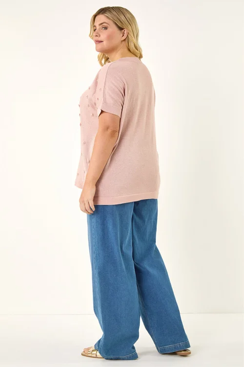 Roman Pink Curve Faux Pearl Embellished Top - 18 Image 3